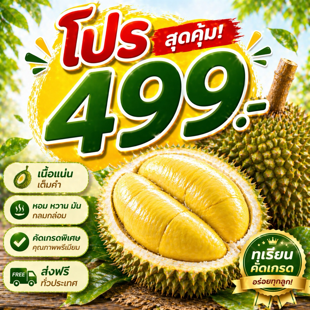 โปร 499❗️❗️ทุเรียนหมอนทองจันทบุรี 3.1-3.5 kg เน้นเนื้อ เปลือกบาง คัดสรรจากชาวสวนสู่ลูกค้า
