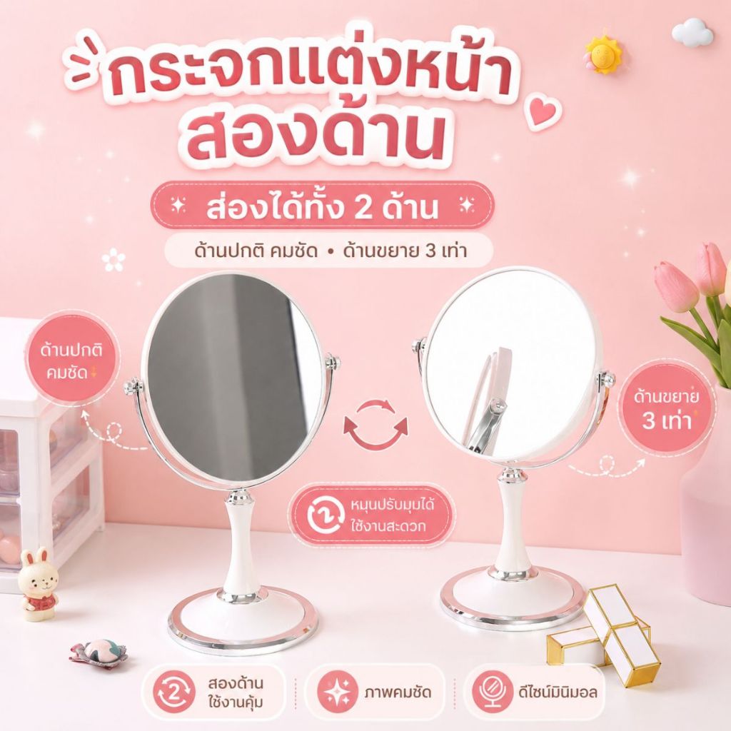 ส่งด่วน พร้อมส่ง ส่งไว กระจกสไตล์เกาหลี 2หน้า แบบใหม่ กระจกมินิมอล กระจกแต่งหน้า ปรับองศาได้