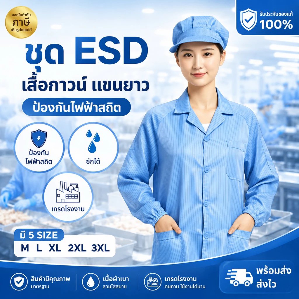 ชุดเสื้อกาวน์ กันไฟฟ้าสถิต แขนยาว | ซักได้ ระบายอากาศ เบา ใส่สบาย พร้อมส่งจากไทย
