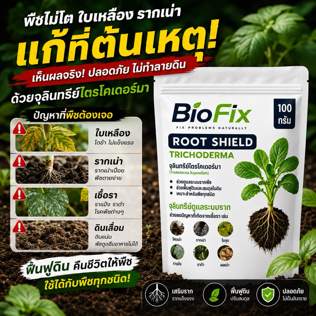 BioFix Root Shield 100g จุลินทรีย์ไตรโคเดอร์มา ดูแลรากพืชและดินปลูก ฟื้นฟูดิน ทุเรียน ผัก ไม้ผล ดอก