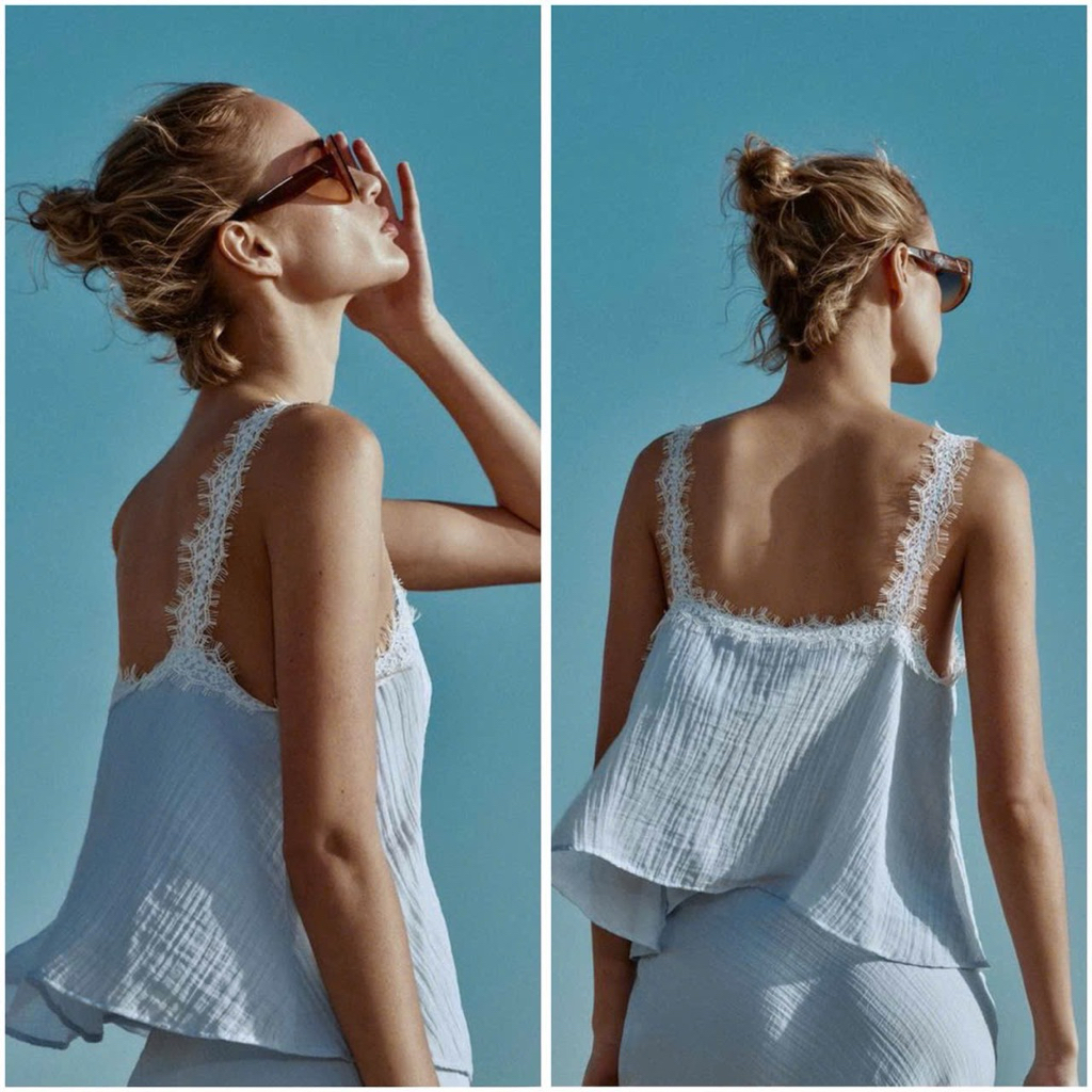 ZARA Top เสื้อกล้ามสีฟ้า แต่งลูกไม่สีขาว ผ้านิ่ม งานแท้