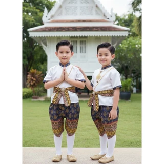 ชุดไทยเด็กชาย3ชิ้น เสื้อคอจีนผ้าซาร่า+โจงกระเบนเอวสม็อคผ้าคอตตอนพิมพ์ทอง+ผ้าคาดเอว