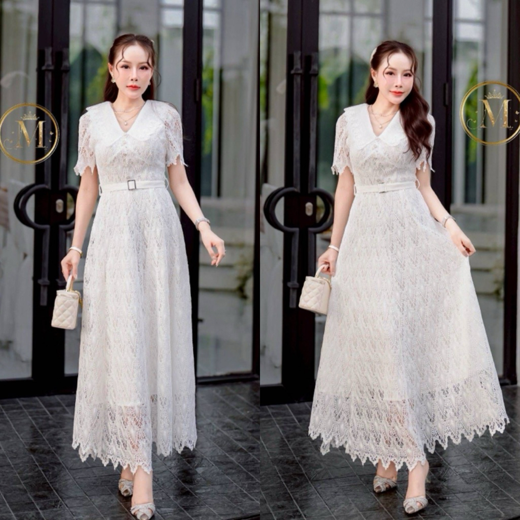 เดรสยาวผ้าลูกไม้สีขาว [S-4XL]