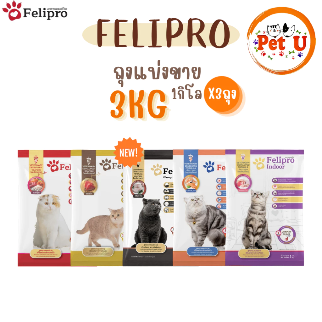 (1 kg x 3 ถุง)Felipro อาหารแมวเฟลิโปร 4 รสชาติ ลดโอกาสการเกิดนิ่ว ถุงแบ่งขนาด 1 kg