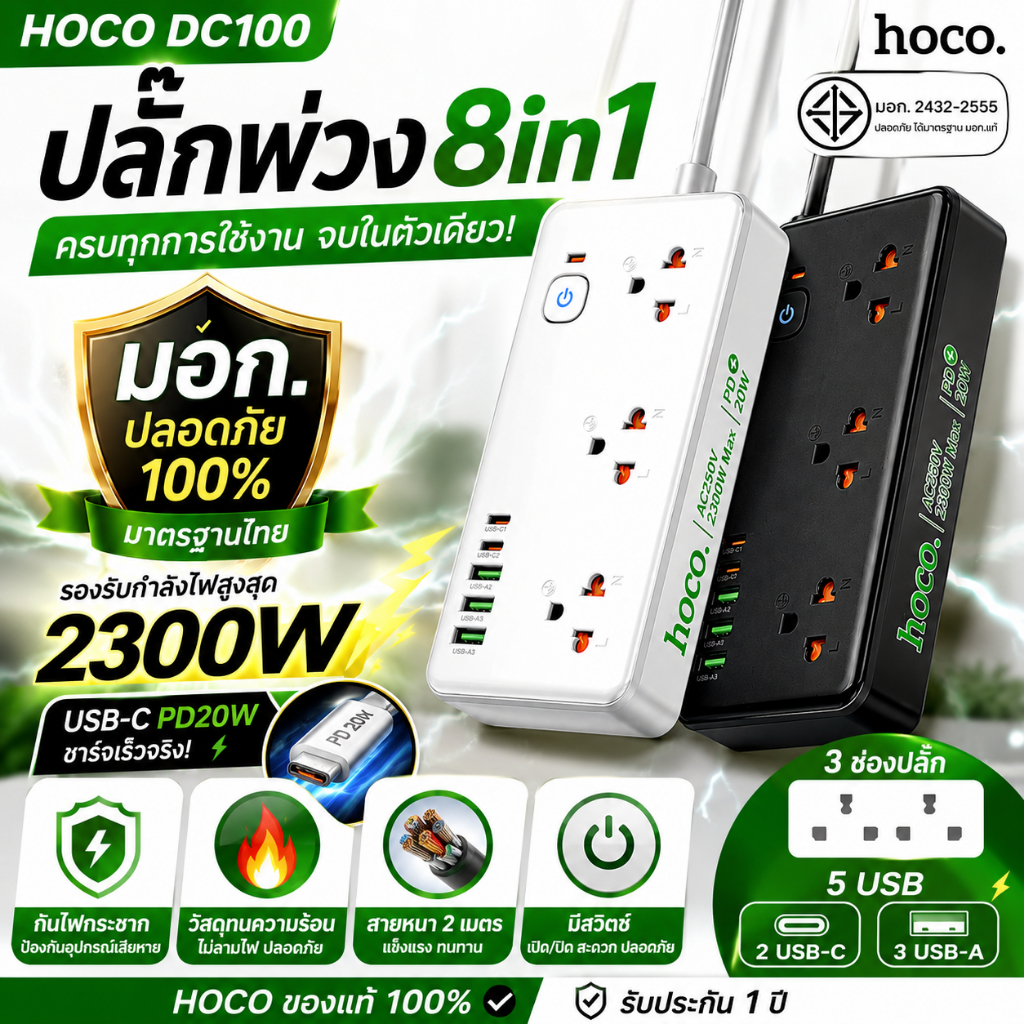 HOCO DC100 ปลั๊กไฟ ปลั๊กพ่วง USB-C PD20W 2300W 2 เมตร 3 ช่องเสียบ 5 USB มีสวิตช์ กันไฟกระชาก มอก.