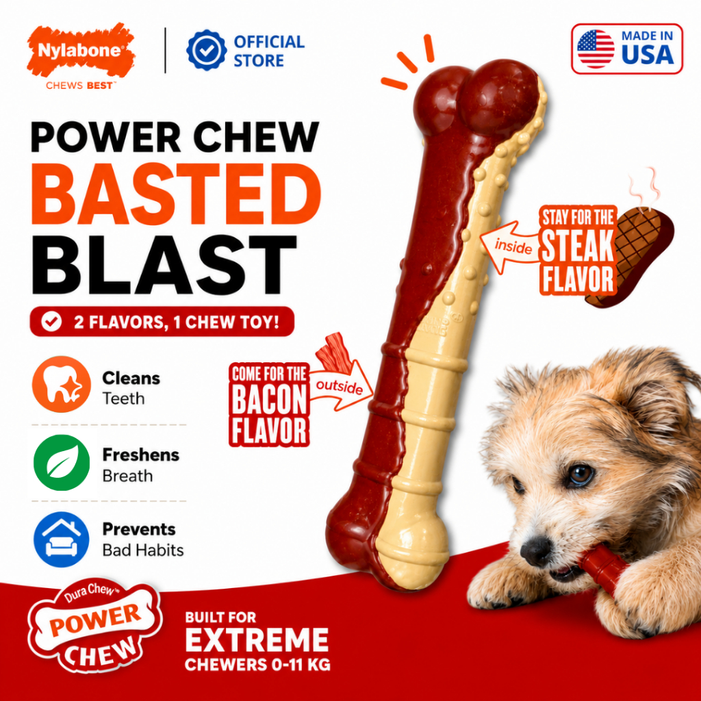 Nylabone Power Chew Basted Blast Original & Textured Bone Chew Toys Bacon & Steak Flavors Dog Toy