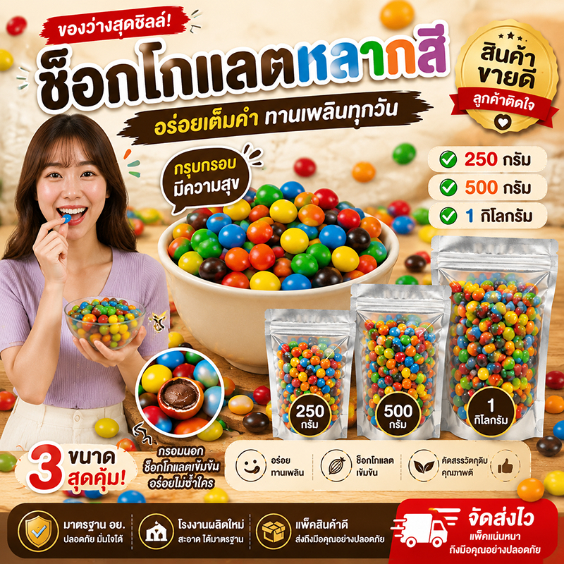 ช็อกโกแลตเม็ดหลากสี กรอบนอก ช็อกโกแลตเข้มข้น อร่อยไม่ซ้ำใคร ทานเพลิน (250g/500g/1kg)