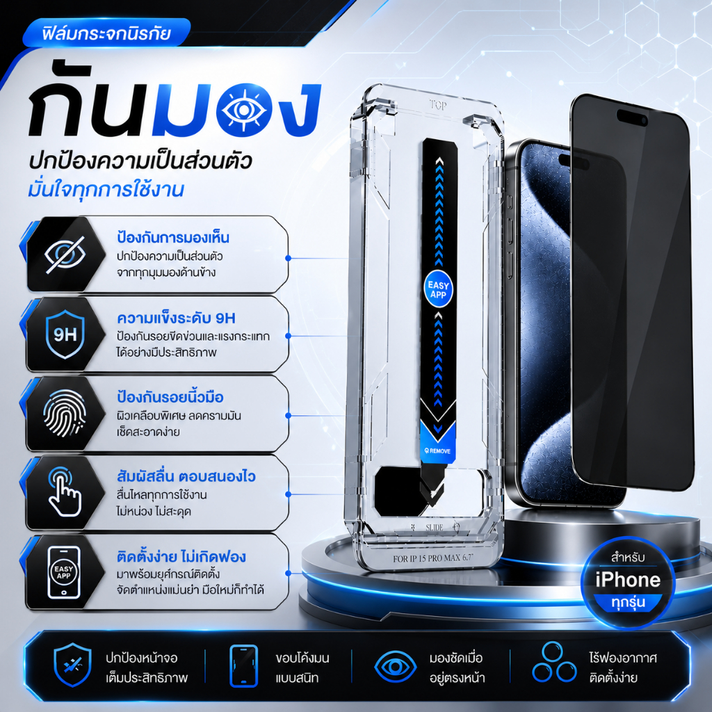 ฟิล์มกันมอง iPhone 13-17 Pro Max เต็มจอ 9H รุ่นด้าน กันแอบมอง ติดง่าย ไม่เป็นฟอง พร้อมบล็อกติด