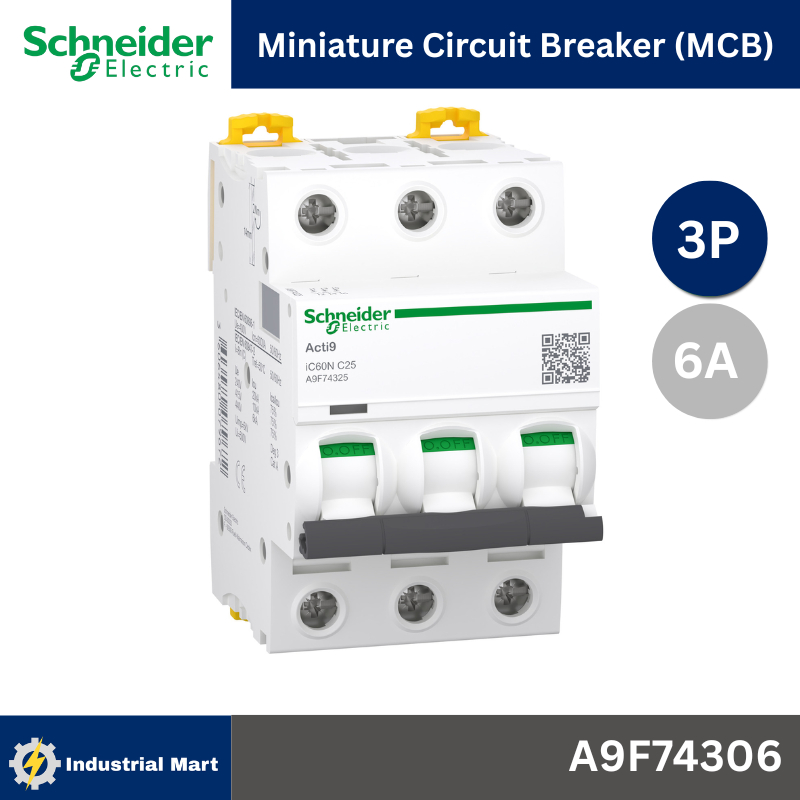 Schneider A9F74306 MCB Acti9 iC60N C-Curve,400VAC,3P 6A 10kA