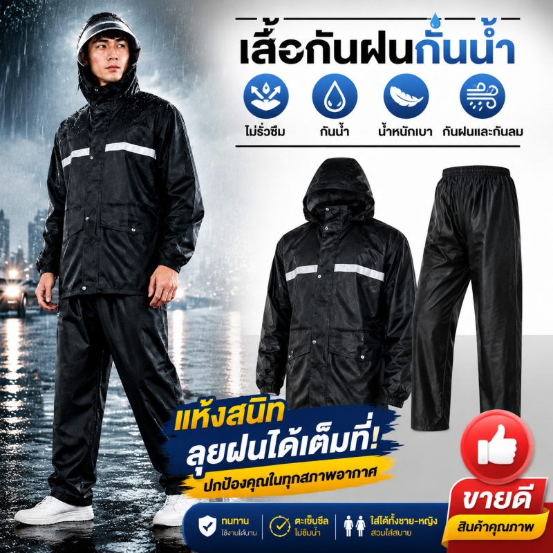 เสื้อกันฝนสำหรับผู้ชายผู้ใหญ่ ผ้ากันน้ำหนาสำหรับการขี่รถจักรยานยนต์ เสื้อกันฝนสะท้อนแสงพร้อมฮูด
