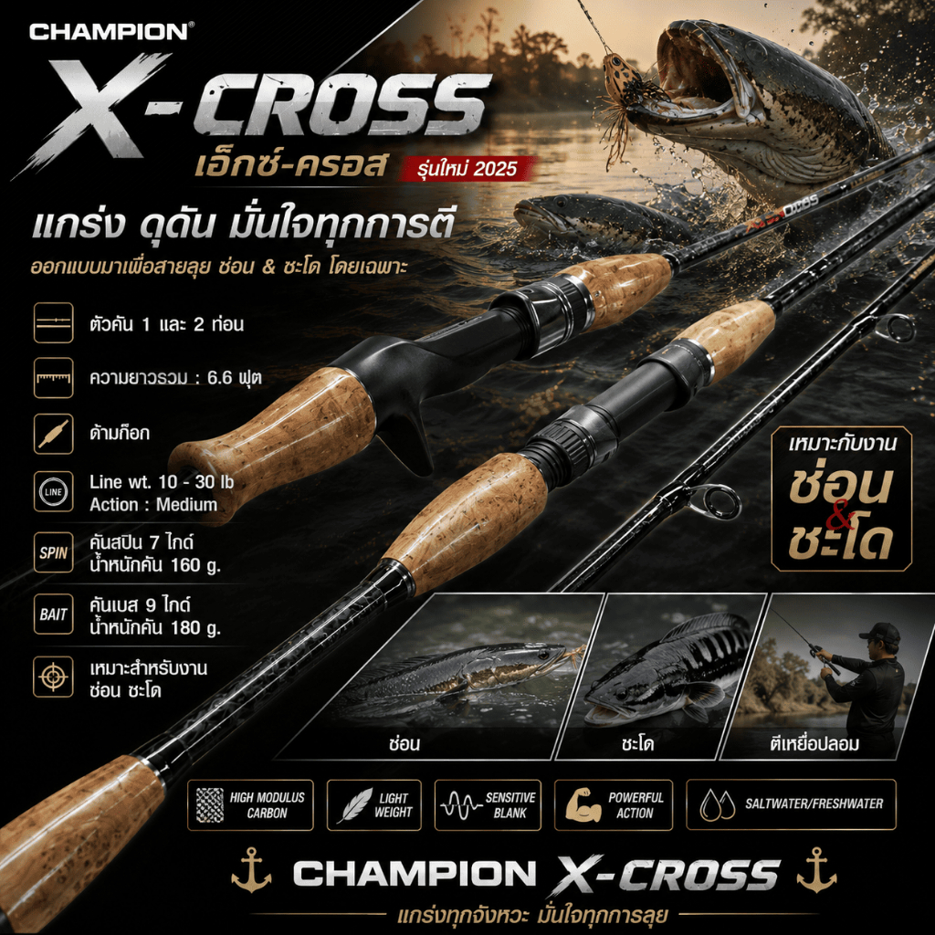 [ ของแท้ ]  คันตีเหยื่อปลอม Champion X-Cross เอ็กซ์-ครอส Line wt.10-20 lb [รุ่นใหม่ 2025] เหมาะกับงาน ช่อน ชะโด