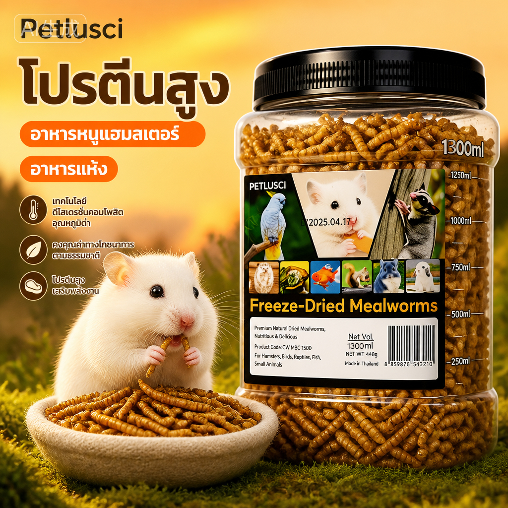 PETLUSCI🐹หนอนนกอบแห้ง🐭หนอนอาหาร หนอนอบแห้ง อาหารหนูแฮมเตอร์ hamster โปรตีนสูง อาหารนก เต่า ขนาด 1300ml
