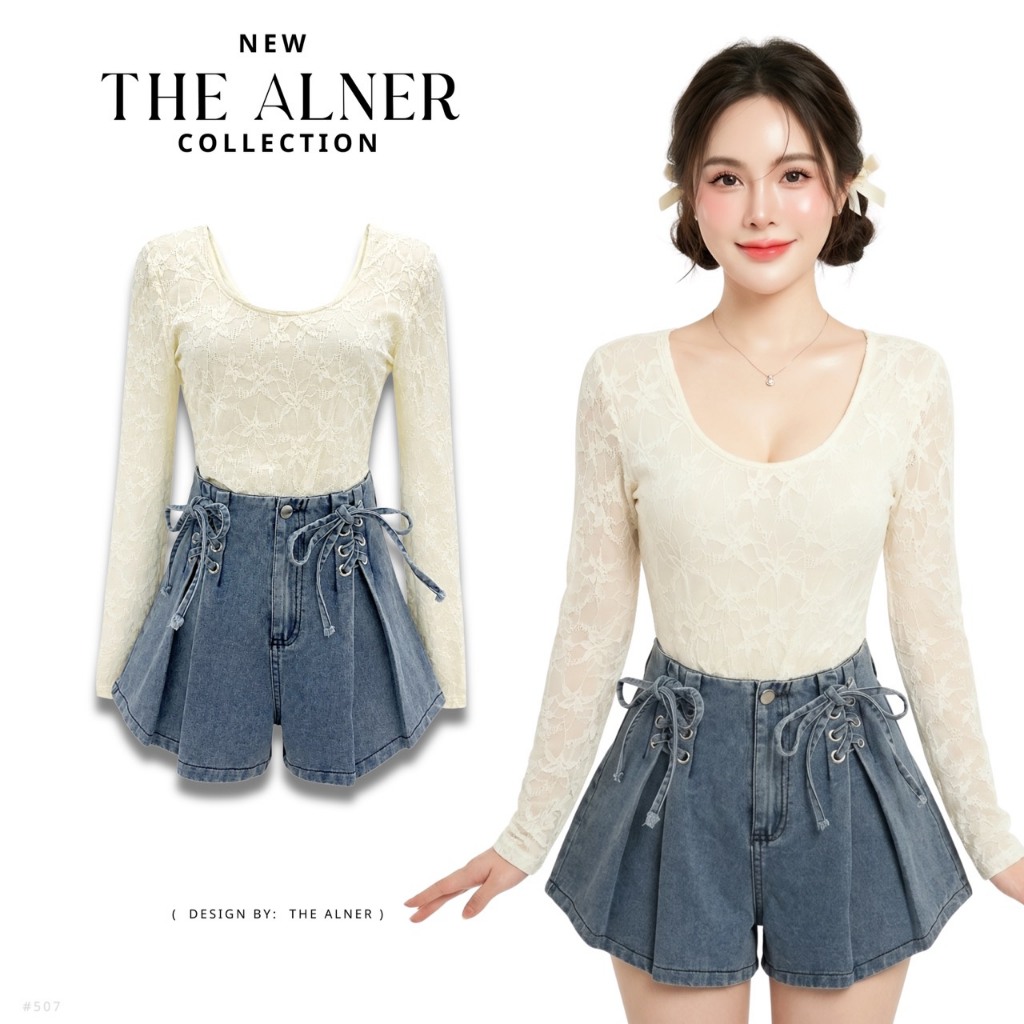 Thealner-AN507 (เซตเสื้อลูกไม้ครีมแขนยาวกางเกงยีนส์ขาสั้น)