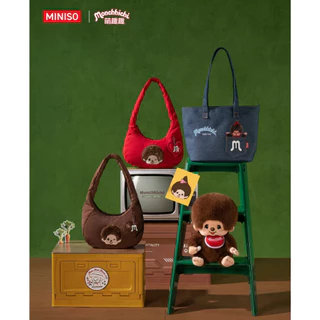 🌈 พร้อมส่งค่ะ! MINISO x Monchhichi กระเป๋าสะพายไหล่ทรงโฮโบ สีแดง/น้ำตาล ลายม่อนชิชิ น่ารักมาก
