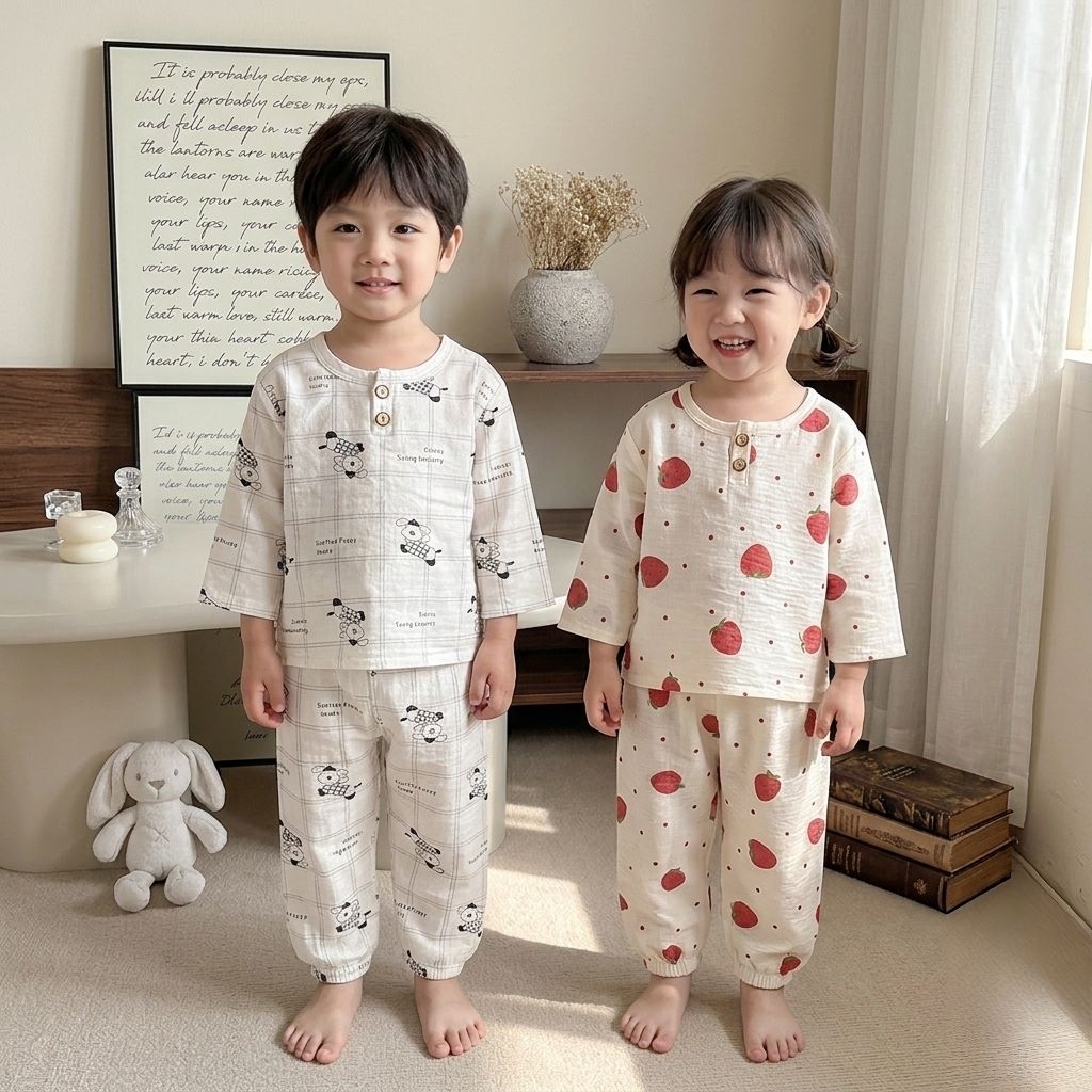 พร้อมส่งจากไทย ชุดนอนเด็ก เสื้อ+กางเกง ผ้าไม่หนา ใส่สบาย ไซส์80-110