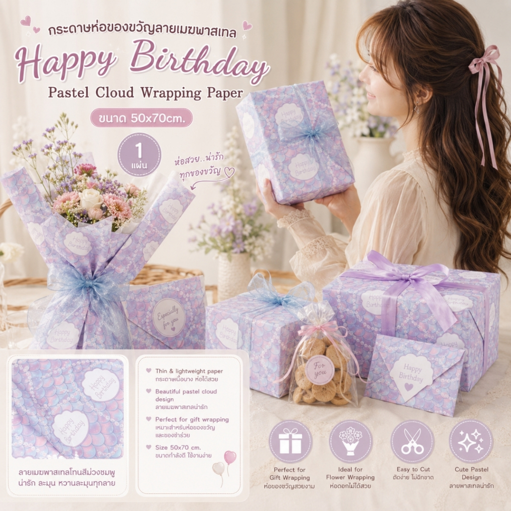 【1 แผ่น】* กระดาษห่อของขวัญลายเมฆพาสเทล Happy Birthday | Pastel Cloud Wrapping Paper 50x70cm [GW-0019]