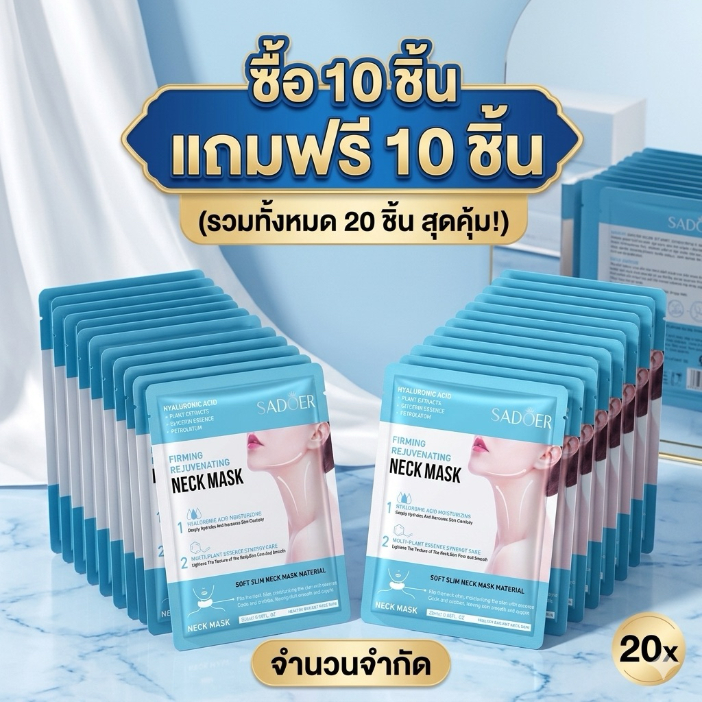 N639 ชุด10แถม10 (รวม 20แผ่น) แผ่นมาส์กคอ Sadoer Neck Mask ผิวคอ ช่วยลดรอยที่คอ กระชับลำคอ ช่วยให้ผิวชุ่มชื้น