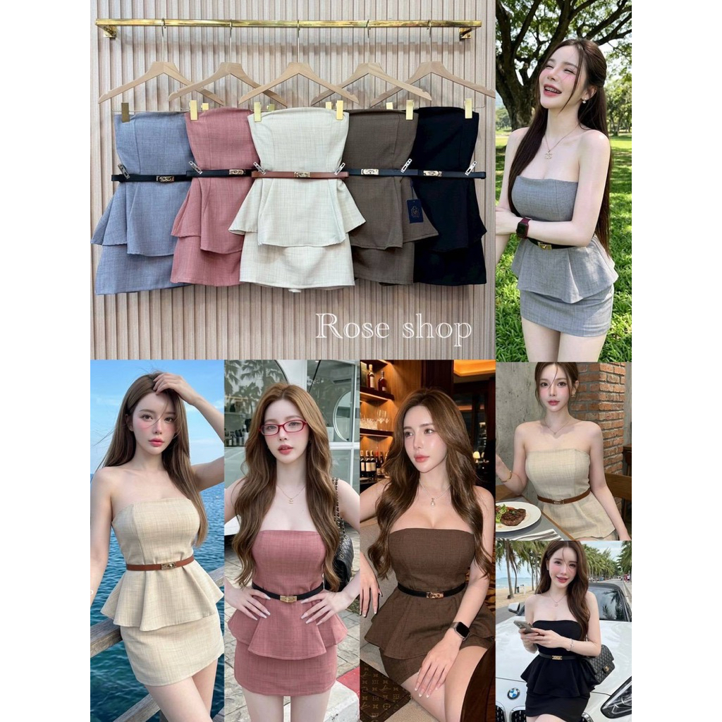เซท 3 ชิ้น ผ้าสโน ทรงสวยมาก      คอลใหม่ฉบับบ สาวเวียดนาม เสื้อเกาะอก ตัวยาว มาพร้อมกระโปรงพอดีตัว มาพร้อมเข็มขัด