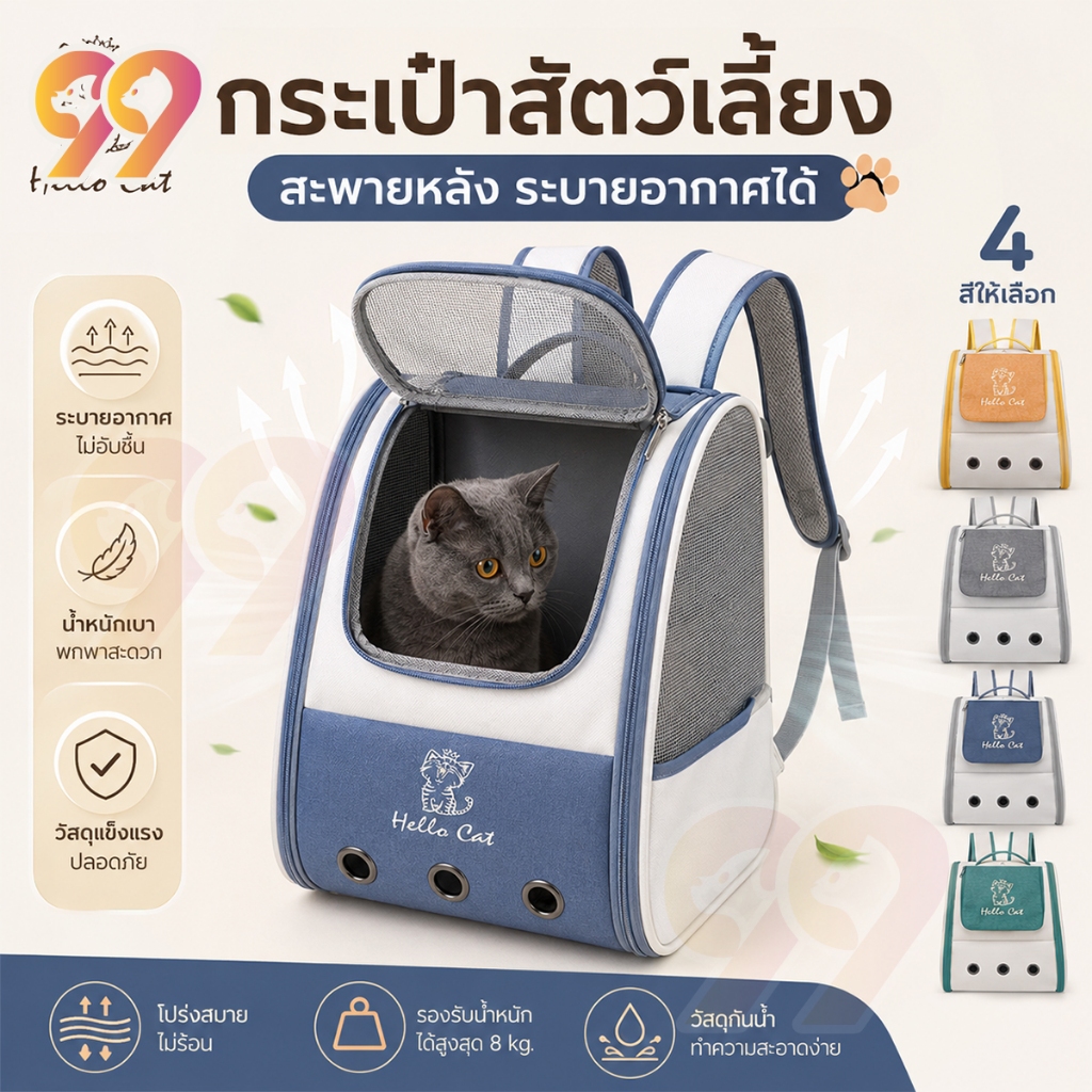 99PET กระเป๋าแมว กระเป๋าเป้สุนัข ระบายอากาศได้ หน้าต่างกันสาด กระเป๋าสีขอบด้านข้าง