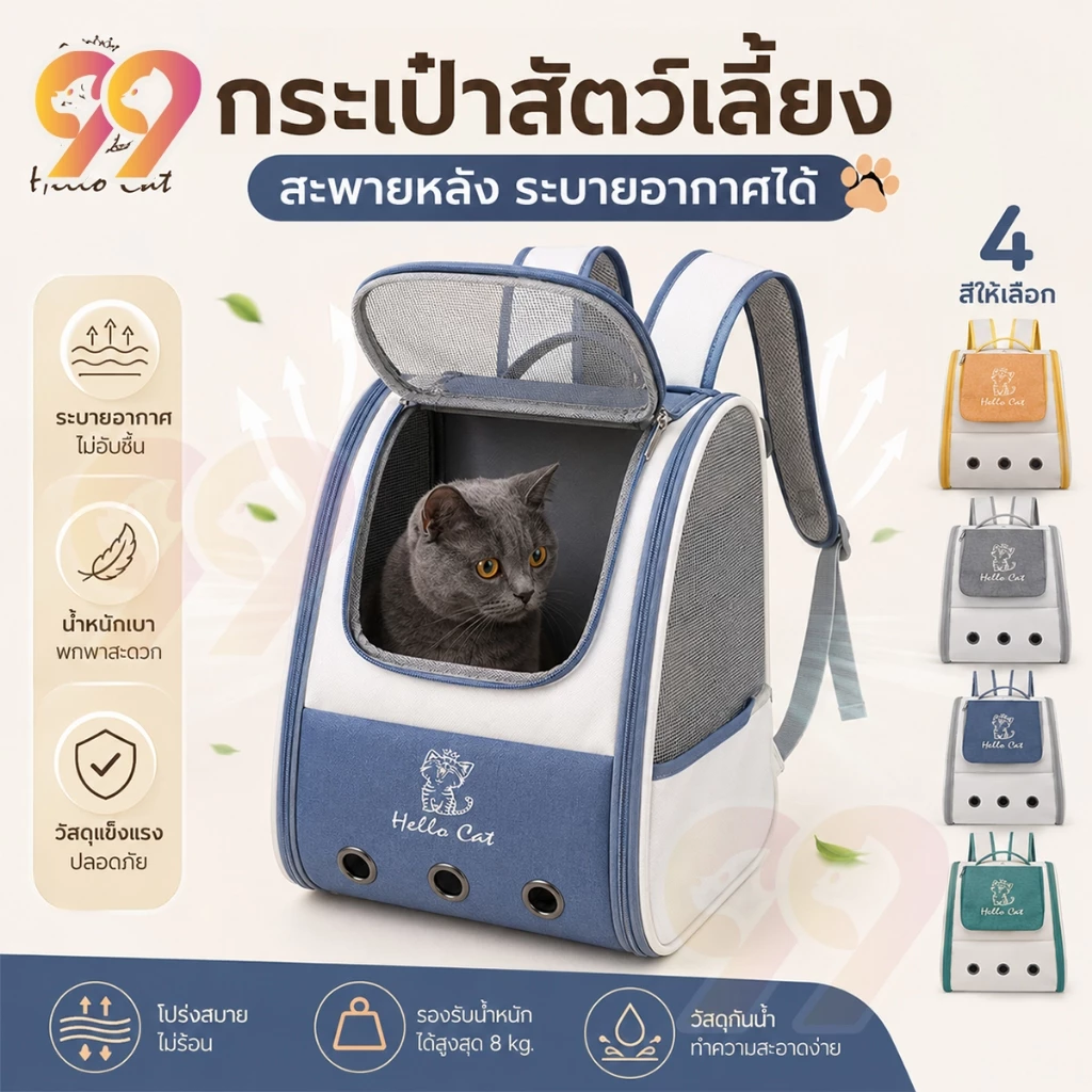 99PET กระเป๋าแมว กระเป๋าเป้สุนัข ระบายอากาศได้ หน้าต่างกันสาด กระเป๋าสีขอบด้านข้าง