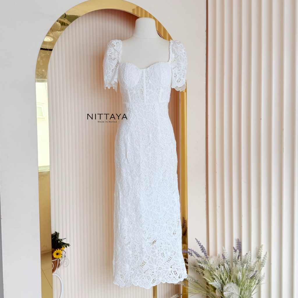 [NITTAYA] D2883 ชุดเดรสกระโปรงยาวคอเหลี่ยมแขนตุ๊กตาดีเทลผ้าลูกไม้ฉลุอกมีฟองนํ้า ใส่ออกงาน  งานแต่ง งานมงคล