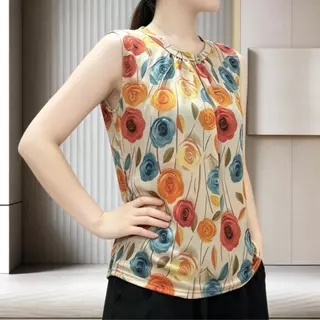 Women's Plus Size Floral Sleeveless Shirt, Casual Round Neck T-Shirt, New Fashionable and Versatile Ice Silk Vest Top