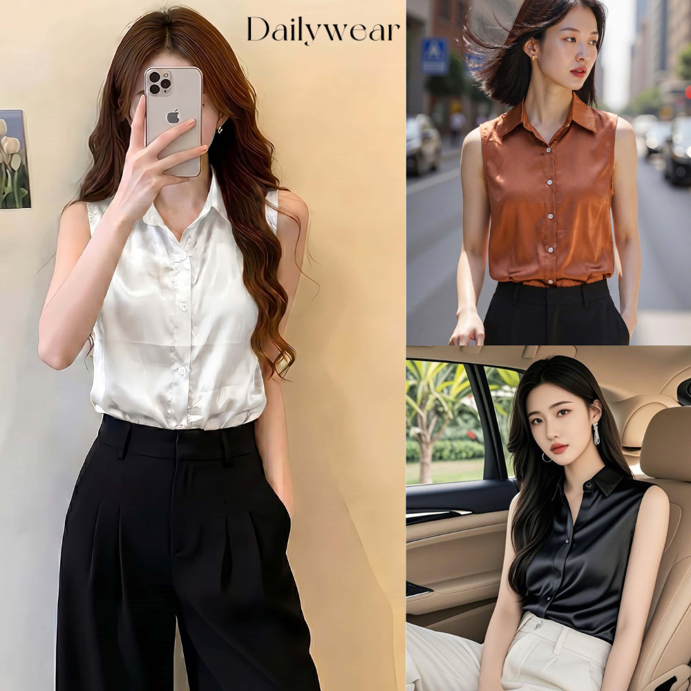Dailywear พร้อมส่ง ✨เสื้อเชิ้ตผ้าซาตินไหม ไม่มีแขน ดีไซน์เก๋ สไตล์ฝรั่งเศส ผู้หญิง ใส่ทำงานฤดูร้อน