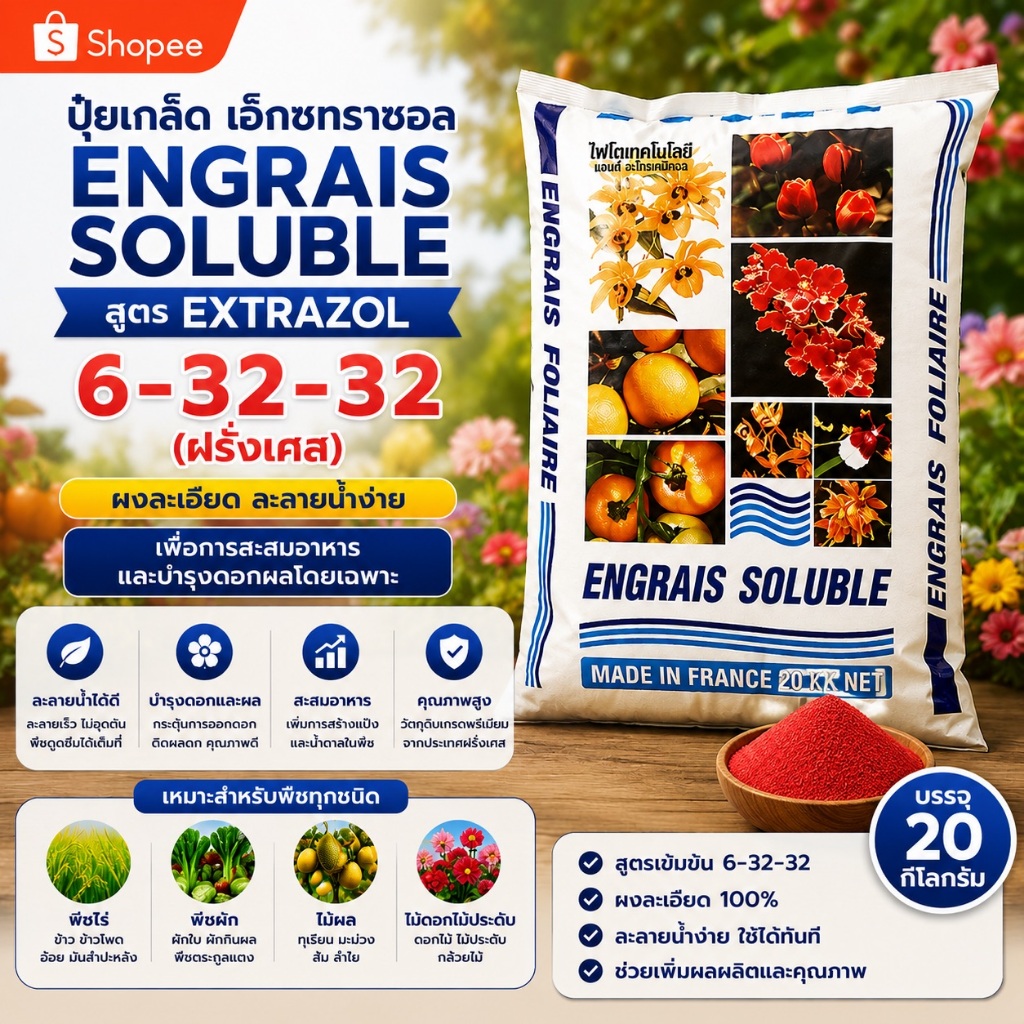 🔥🇫🇷 Extrazol 6-32-32 ปุ๋ยเกล็ดฝรั่งเศส สะสมอาหาร บำรุงดอกผล ละลายน้ำ 100% 20กก.