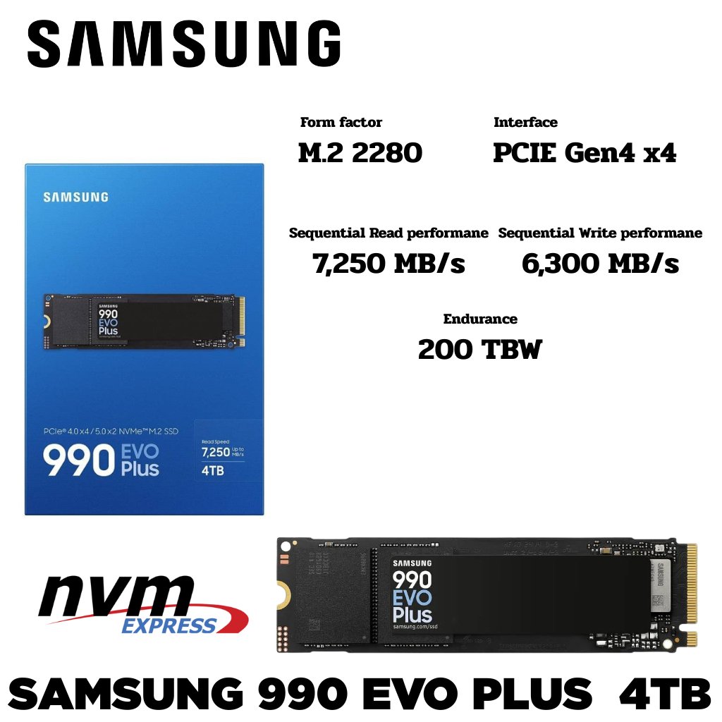 M.2 4 TB SSD (เอสเอสดี) SAMSUNG 990 EVO PLUS - PCIe 4x4 / 5x2 NVMe M.2 2280 (MZ-V9S2T0BW)
