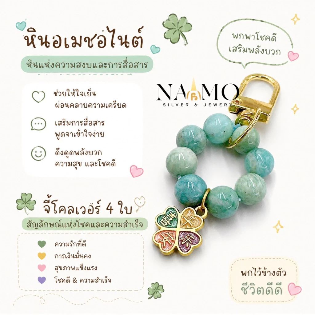 พวงกุญแจหินมงคล พวงกุญแจโคลฟเวอร์ เรียกเงิน เรียกทอง โชคดี ปลอดภัย และมีความสุข”