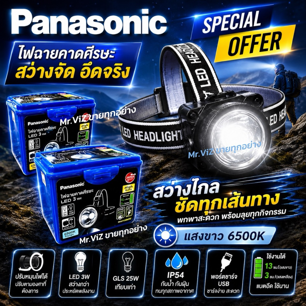 ไฟฉายคาดหัว Panasonic สว่างจัด อึดจริง มีแสงขาว และ แสงเหลือง