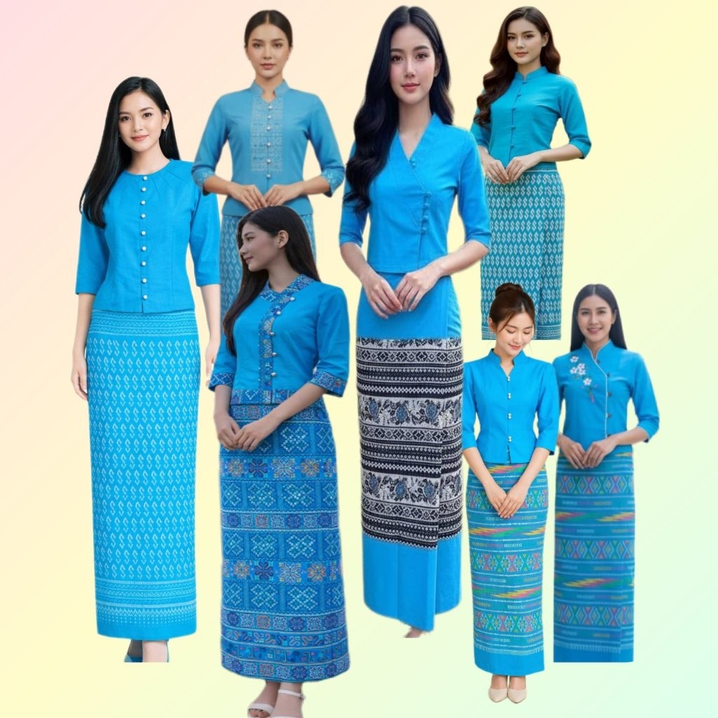 ชุดสีฟ้างานปัก ชุดเสื้อผ้าพื้นเมืองสำหรับผู้หญิง สไตล์ย้อนยุคพื้นเมือง ใส่ได้ทุกเทศกาล