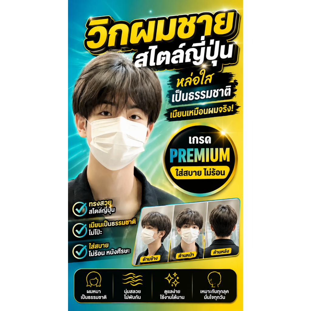 TNS วิกผมชายสไตล์ญี่ปุ่น คุณภาพดี เกรดพิเสษ ใส่สะบายระบายอากาศได้เยี่ยม