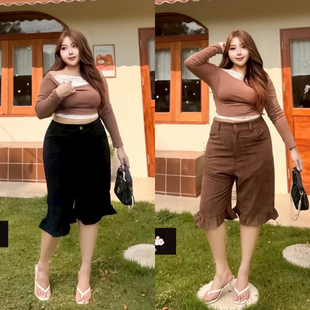 /CC/ กางเกงคาปรี เอวสูง4ส่วน มีไซส์เอว32-44 ดีเทลระบายชาย กระดุมซิปหน้า สม็อคหลัง มีกระเป๋าล้วง2ข้าง ผ้าลูกฟูก #สาวอวบ