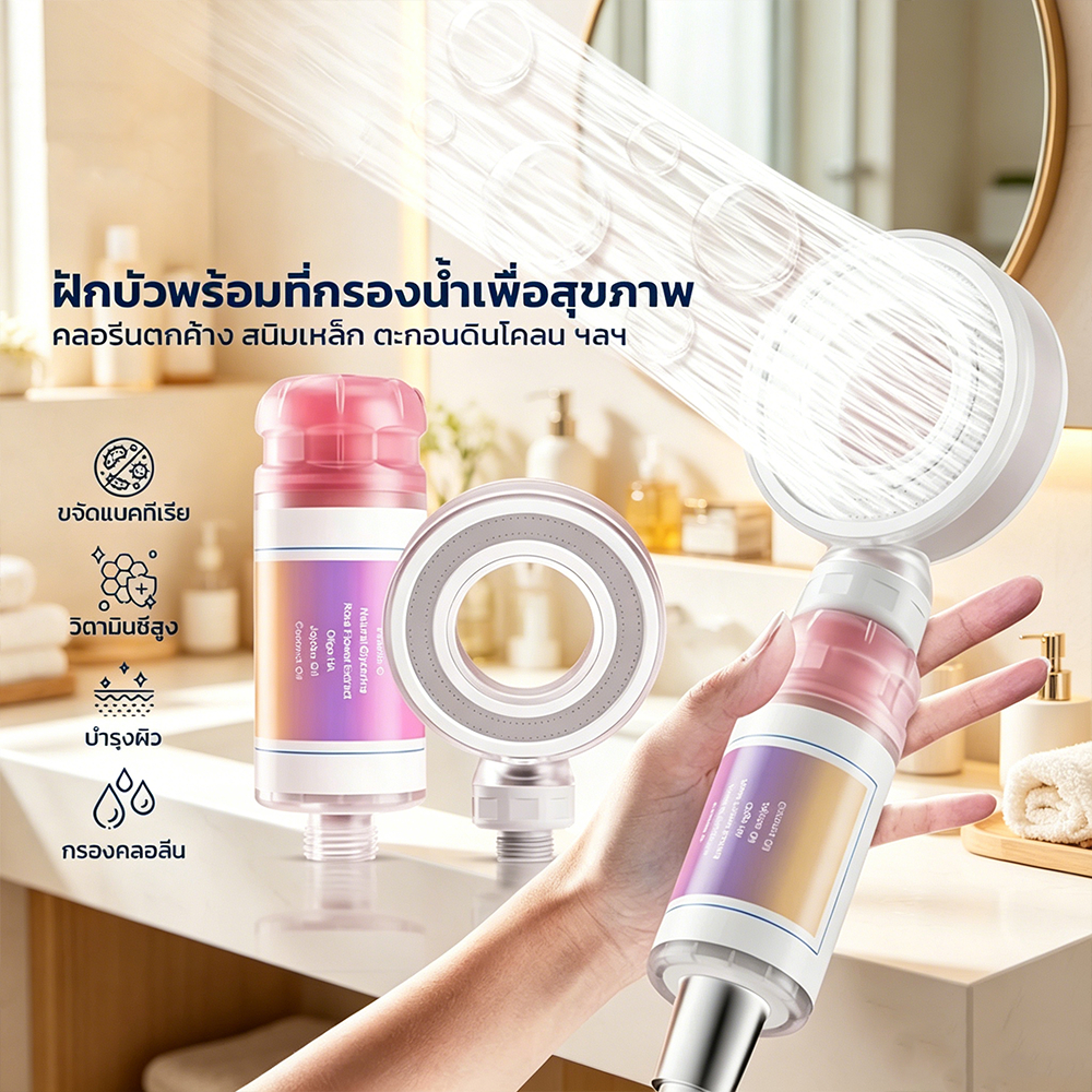 【ส่งฟรี】ฝักบัวอาบน้ำแรงดันสูง กรองน้ำอโรม่า กลิ่นกุหลาบ ปรับแรงดันน้ำได้ นุ่มนวลต่อผิว สปาที่บ้าน