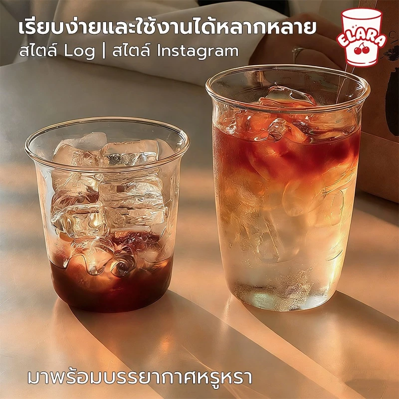 แก้วกาแฟเย็น แก้วน้ำใสสไตล์มินิมอล ทนความร้อน-เย็น ขนาด 350ml/460ml พร้อมน้ำแข็ง ใช้ได้ทุกวัน