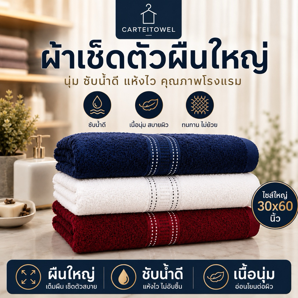 ผ้าขนหนู  ผ้าเช็ดตัวผู้ใหญ่ ซับน้ำหนานุ่ม (30x60นิ้ว)