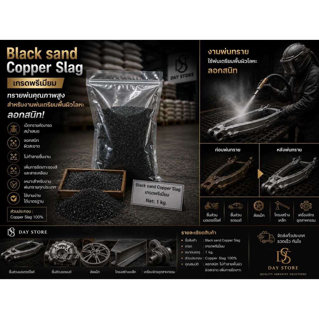 Black Sand Copper Slag เบอร์60 เกรดพรีเมี่ยม ทรายดำ เบอร์60 พ่นลอกสนิท เตรียมผิวโลหะ