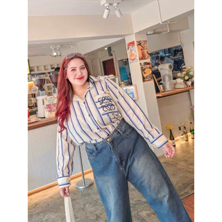 (ส่งด่วน) LW เสื้อเชิ้ตคอปกแขนยาวลายริ้ว ทรงสวย Bigsize ใส่ทำงานได้ อก38-66นิ้ว (PT)