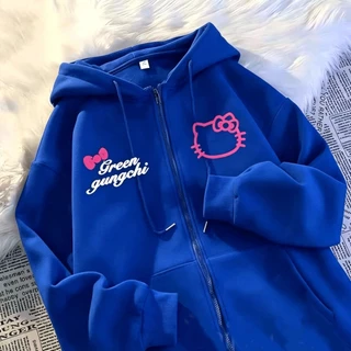 เสื้อฮู้ดซิปผู้หญิง Kitty ลาย Green gungchi สีน้ำตาล Oversize ผ้านุ่มใส่สบาย แฟชั่นสไตล์วินเทจ