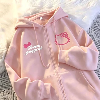 เสื้อฮู้ดซิปผู้หญิง Kitty ลาย Green gungchi สีน้ำตาล Oversize ผ้านุ่มใส่สบาย แฟชั่นสไตล์วินเทจ