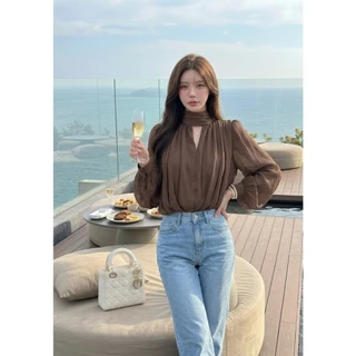 M2151 เสื้อชีฟองคอปีนแต่งระบาย เรียบหรู ดูแพง สไตล์ลูกคุณ ยกระดับลุคของคุณให้ดูแพงกว่าใคร