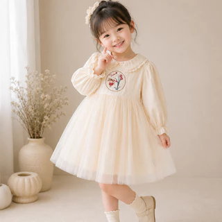 Hania kids พร้อมส่ง เดรสครีมเด็กผู้หญิง ลายปักดอกไม้ ใส่นุ่มสบาย K5135587
