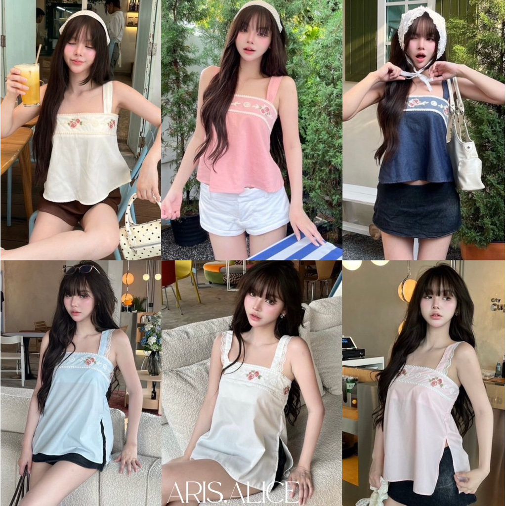 เสื้อสายเดี่ยวปักลายดอกไม้ด้านหน้า ด้านหลังเป็นงานสม็อคยืดได้เยอะค่ะ