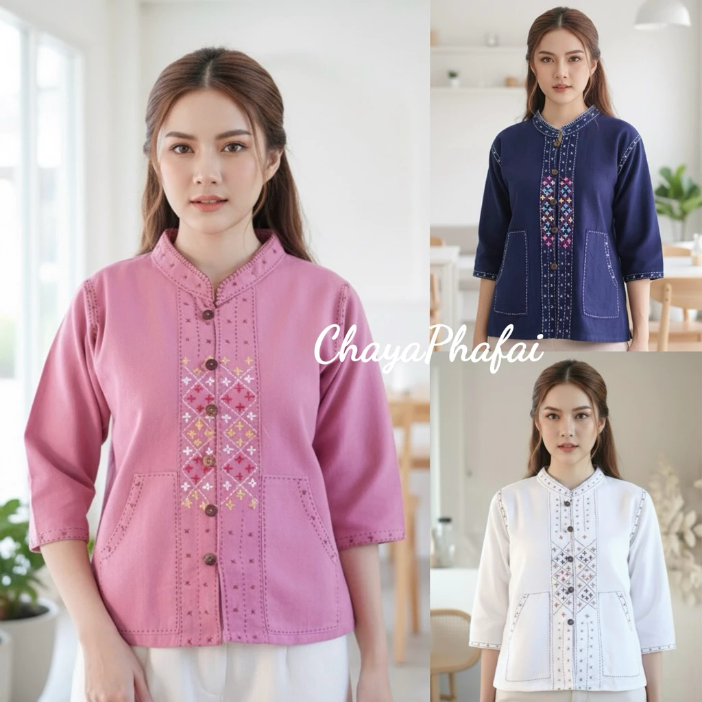 เสื้อผ้าฝ้ายคอจีนแขนสามส่วน ปักลายดอกแก้ว