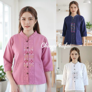 เสื้อผ้าฝ้ายคอจีนแขนสามส่วน ปักลายดอกแก้ว