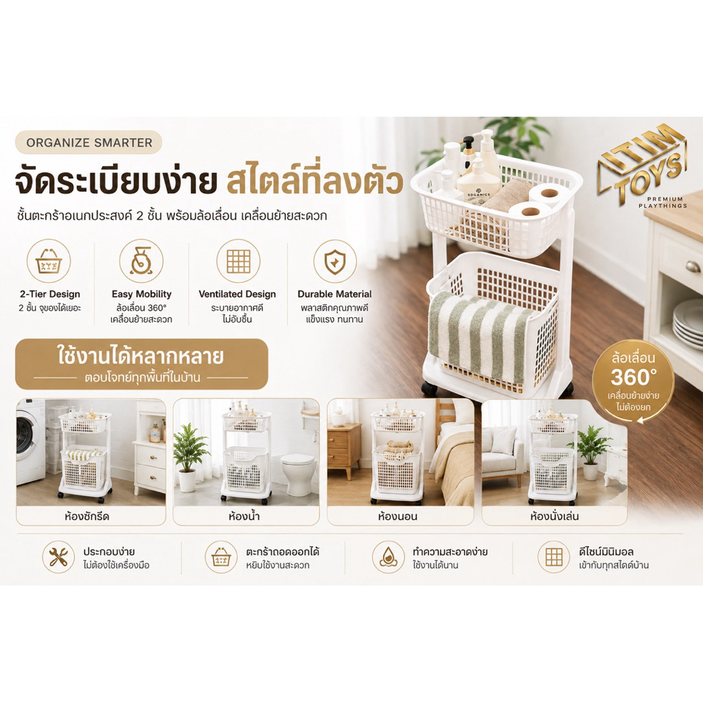 Itimtoys ตะกร้า ตะกร้าผ้า ตะกร้าผ้ามีล้อลาก 2 ชั้น สีขาว