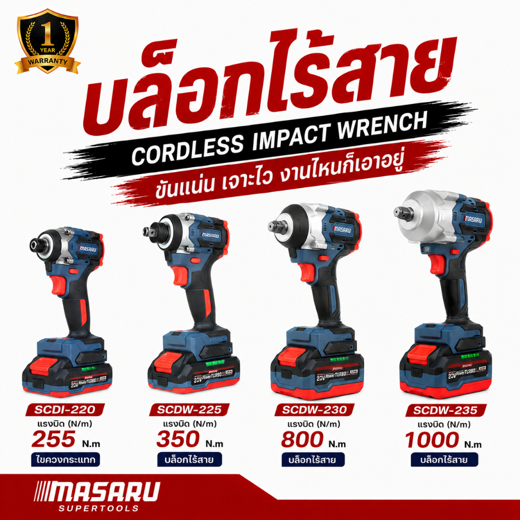บล็อกไฟฟ้า MASARU แรงบิดสูง 1000Nm. บลัสเลส บล็อกแบต บล็อกไร้สาย  บล็อกไฟฟ้าไร้สาย
