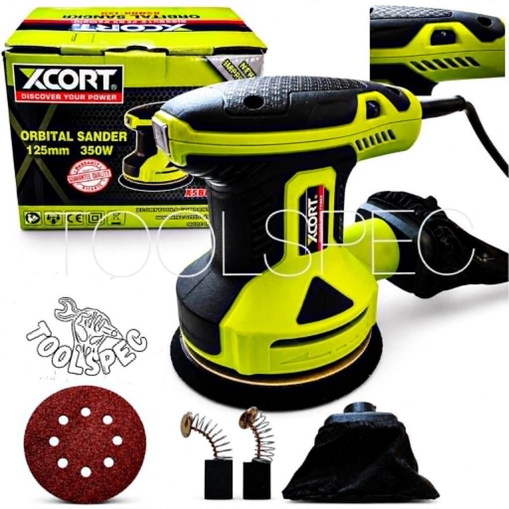 XCORT เครื่องขัดกระดาษทรายกลม 5 นิ้ว กำลัง 350 วัตต์ ปรับระดับได้ พร้อมถุงเก็บฝุ่น กระดาษทราย 1 แผ่นและแปรงถ่าน 1 คู่