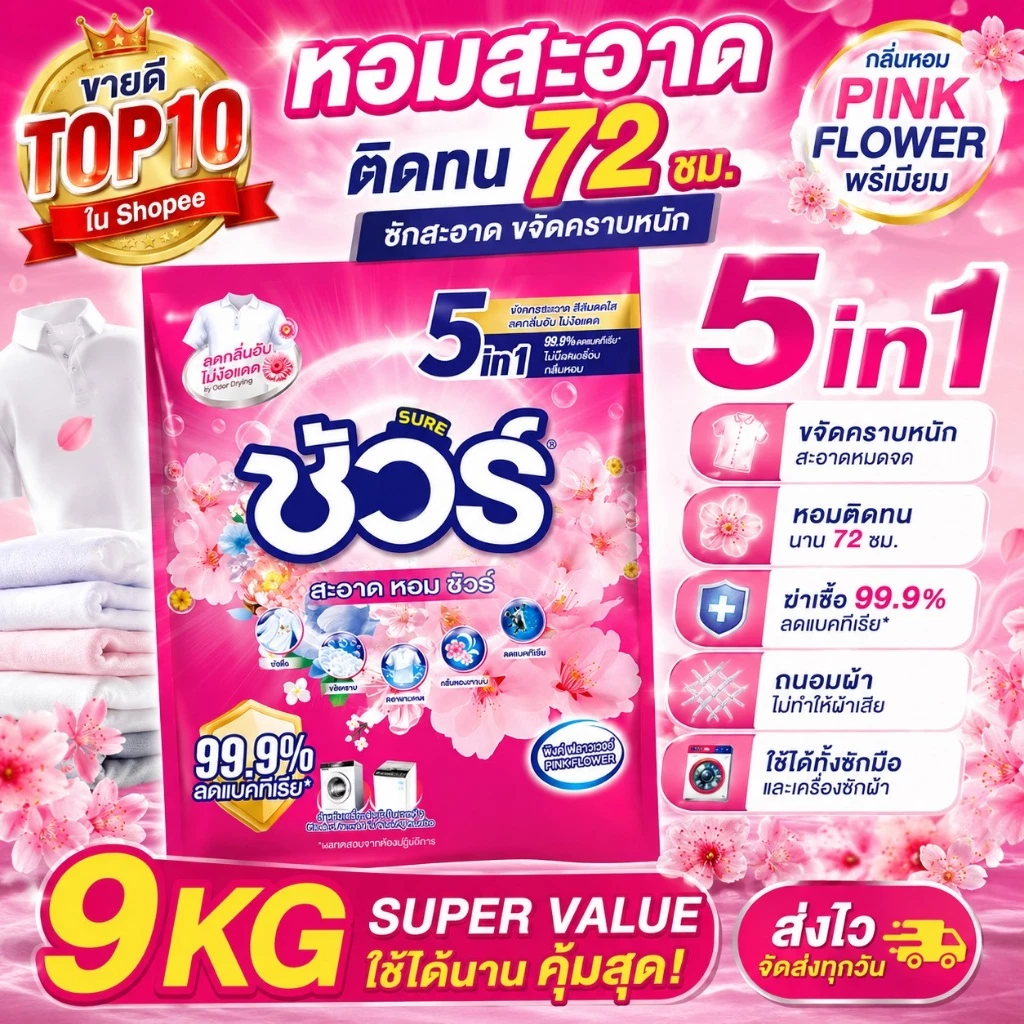 SURE 5in1 ผงซักฟอก ชัวร์ 9kg หอมX3➕อมสดชื่น 72 ชม.➕ฆ่าเชื้อ 99.9%➕ขจัดคราบสกปรก➕ป้องกันการตกสีห➕ไม่ทำลายเครื่องซักผ้า